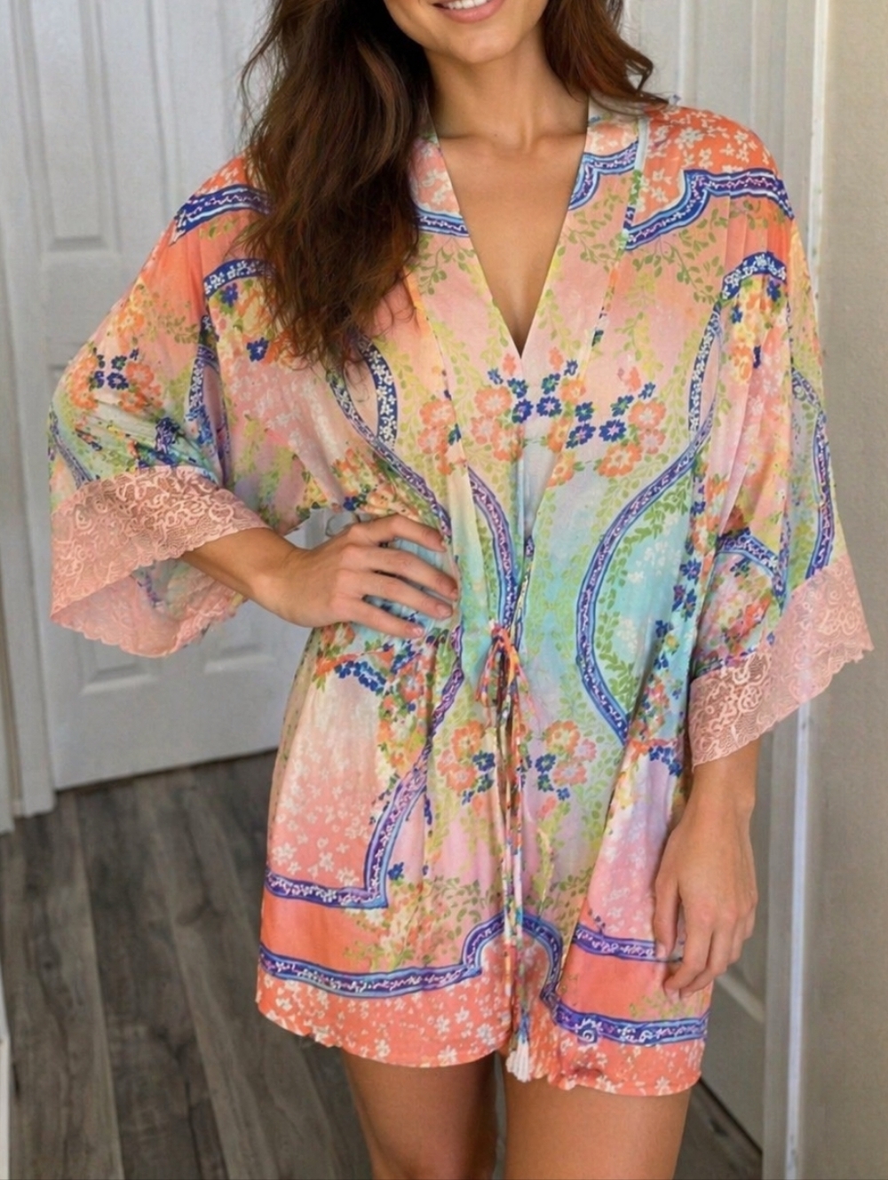 In Bloom by Jonquil Floral Paisley Kimono Cover-Up Wrap Boho Festival Sheer